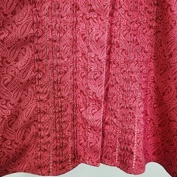LL Bean Womens Wrinkle Resist Pleated Shirt XL Petite Paisley Hidden Button Pink - Picture 8 of 13